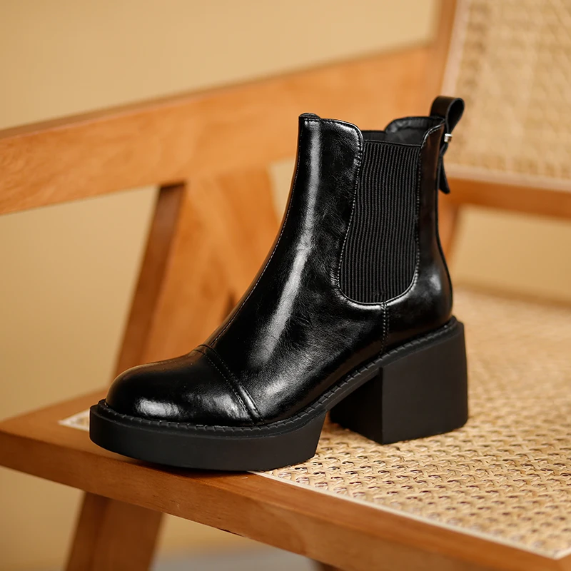 

2023 new Autumn winter Women ankle boots natural leather 22-25cm cowhide+pigskin modern boots Thick soled Chelsea boots