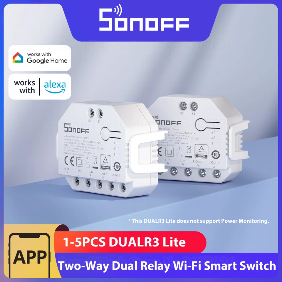 SONOFF DUALR3 Smart Wi-Fi Switch – 2-Way, Power Monitoring, DIY, Works With Alexa & Google Assistant, 2022 Model