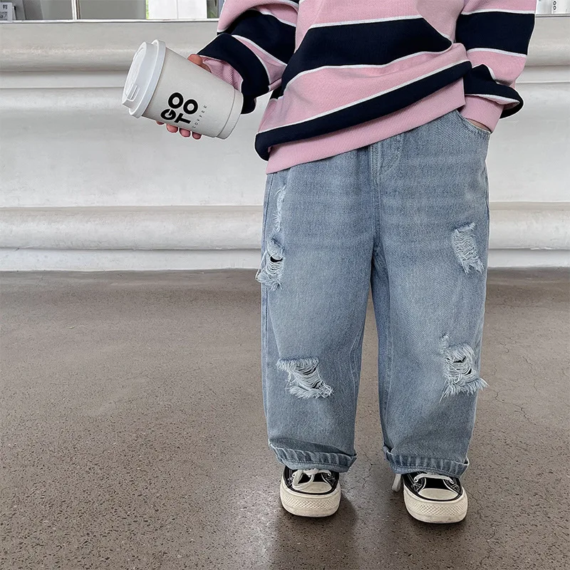 

New Autumn Kids Ripped Jeans Children Loose Casual Pants Boys Fashion All-match Denim Pants