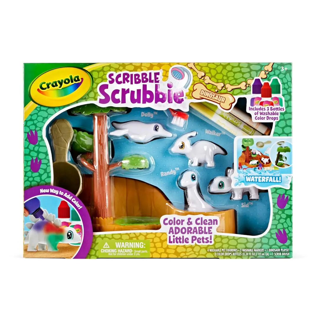 Crayola Scribble Scrubbie 애완동물 공룡 워터 슬라이드, 어린이를 위한 공룡 장난감, 애완동물 미용 세트, 남아 및 여아를 위한 선물, 3세 이상