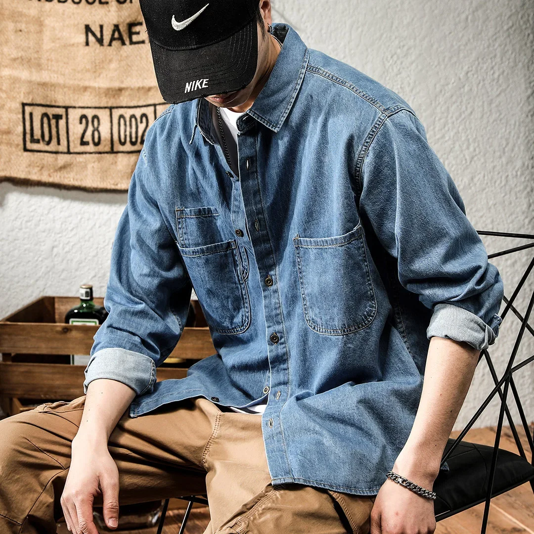 Spring Season Trendy Versatile Casual American Style Vintage Denim Long Sleeve Shirt Men's Wearins Trendy Flowers Printing