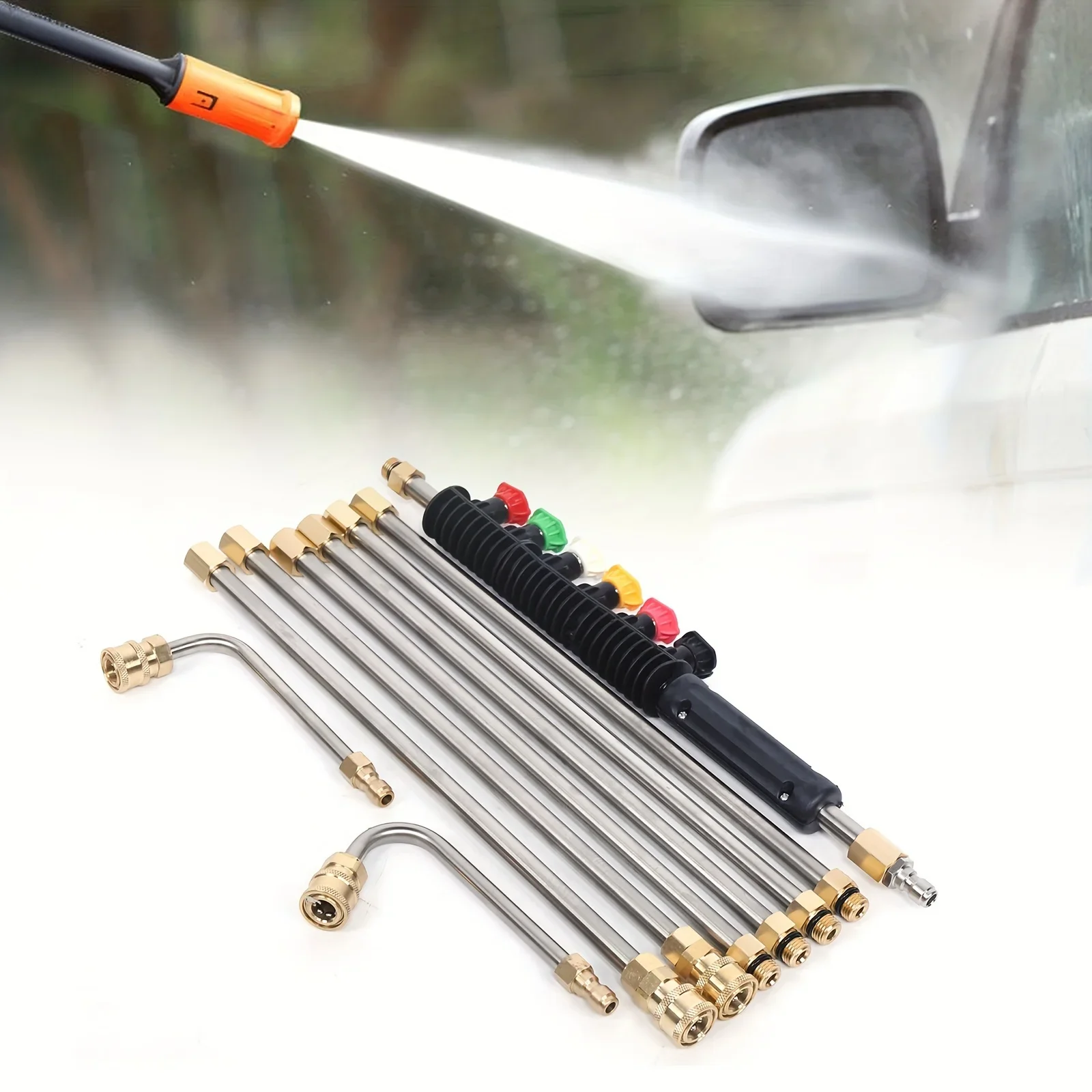 10 Pieces High Pressure Washer Cleaning Extension Pole, Power Washer Spray Gun with 6 Spray Heads, Ditch Cleaning Pipe Bender