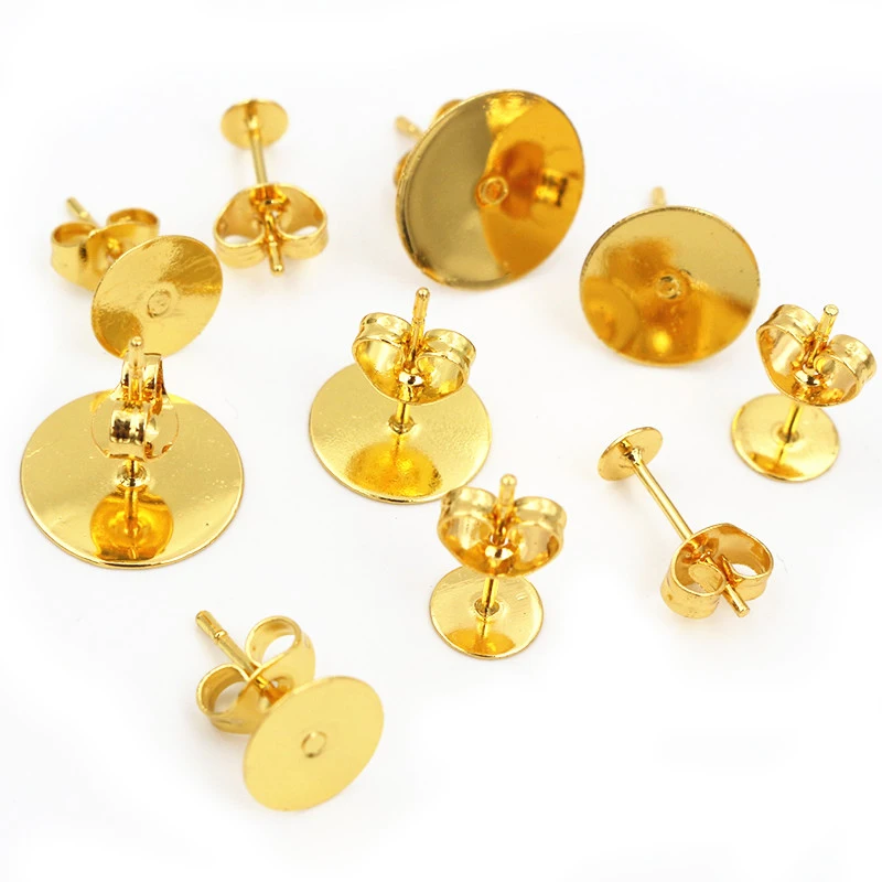 Earring Base Pins 50-100pcs/lot Gold Stainless Steel Blank Post With Earring Plug Findings Ear Back For DIY Jewelry Making