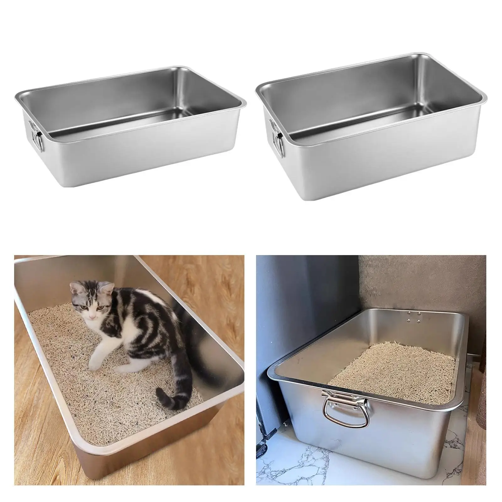 Stainless Steel Litter Box Kitten Open Potty Pan Cat Cleaning Basin Indoor Litter Tray Cat Sandbox for Small Animal Rabbits