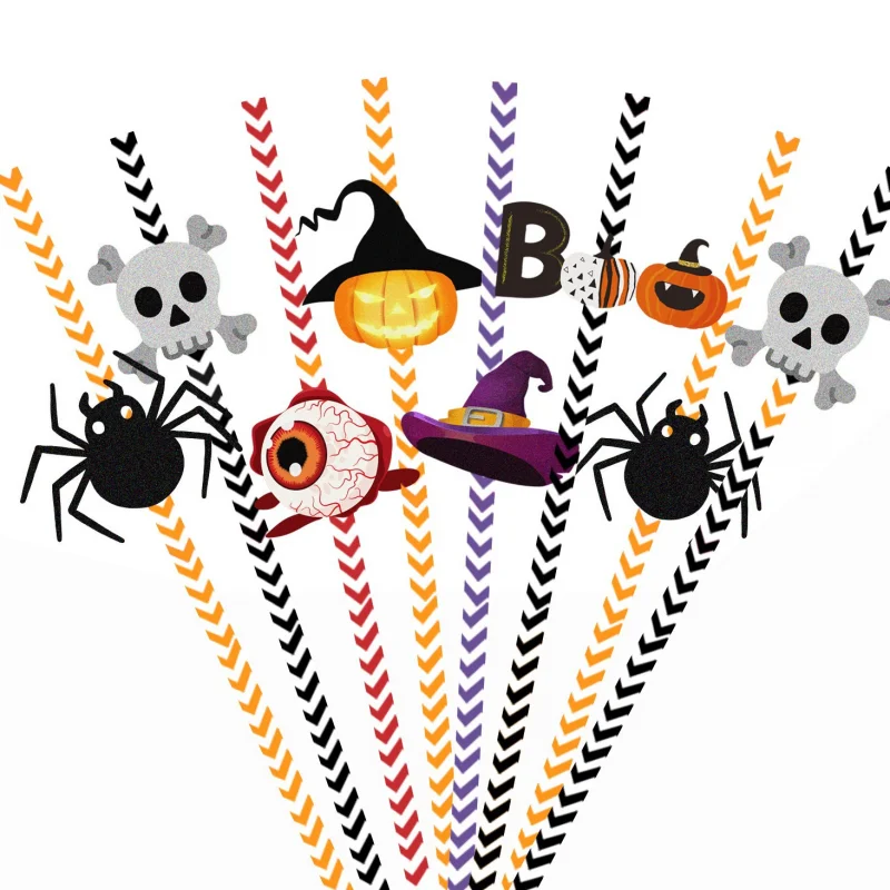 24Pcs Halloween Straw Party Decorations Skull Spider Water Cup Drink Decor with Disposable Straws Cocktail Straw Juice Tubes