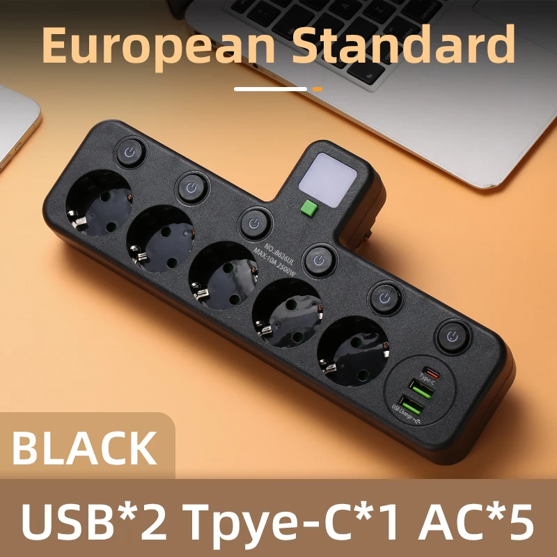 European Plug Power Outlet with 4 Sockets and USB Type-C Ports