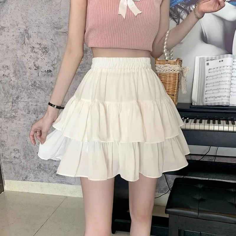 

Pleated A-line Skirt White Women Ruffles Sweet Hottie Preppy Style Elastic Elastic Waist Slim Thin SimpleCasual Summer Wholesale