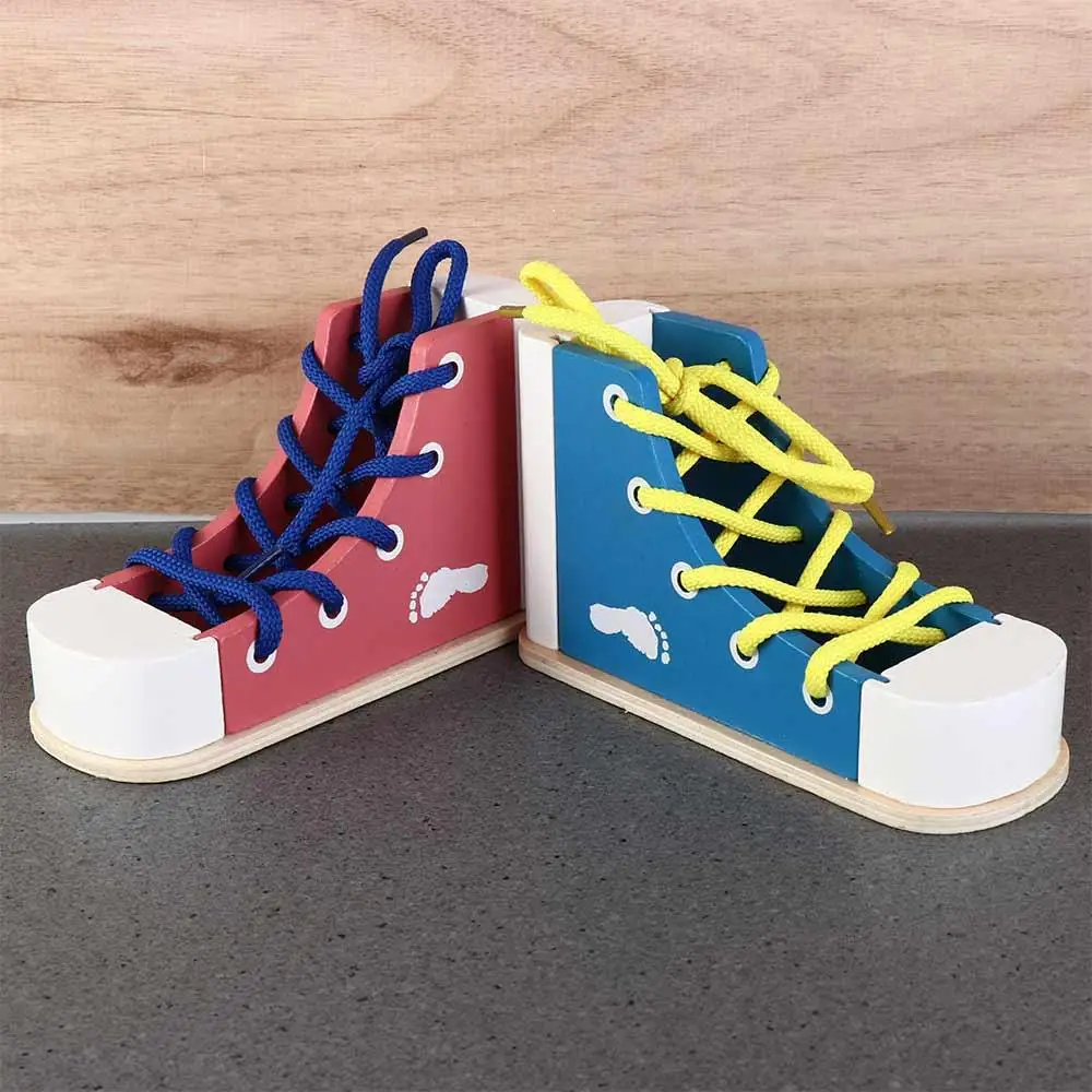 Lacing Sneaker Wooden Shoelace Toys Tie Shoes Puzzle game Montessori Tie-Up Shoe Puzzle Toy Lacing Shoes Wood