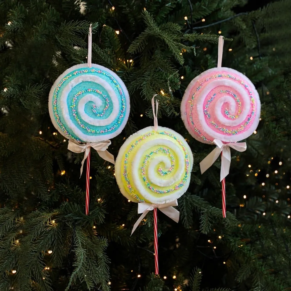 Colorful Christmas Macaron Lollipop Cartoon Bow Christmas Lollipop Pendant Foam Hanging Fake Lollipop Models Wedding Decorative