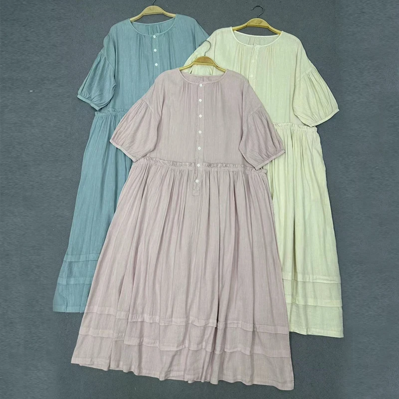

Johnature Japanese Cotton Linen Crewneck Short-sleeved Dresses 2024 Summer New Loose Vintage Patchwork Ruffles Women Dresses