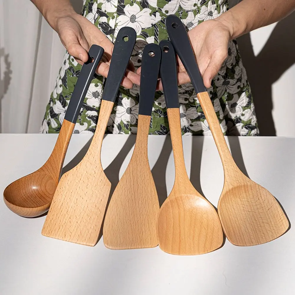Natural Beech Wood Tableware Spoon Ladle Turner Rice Colander Soup Skimmer Cooking Spoon Scoop Kitchen Reusable Tool