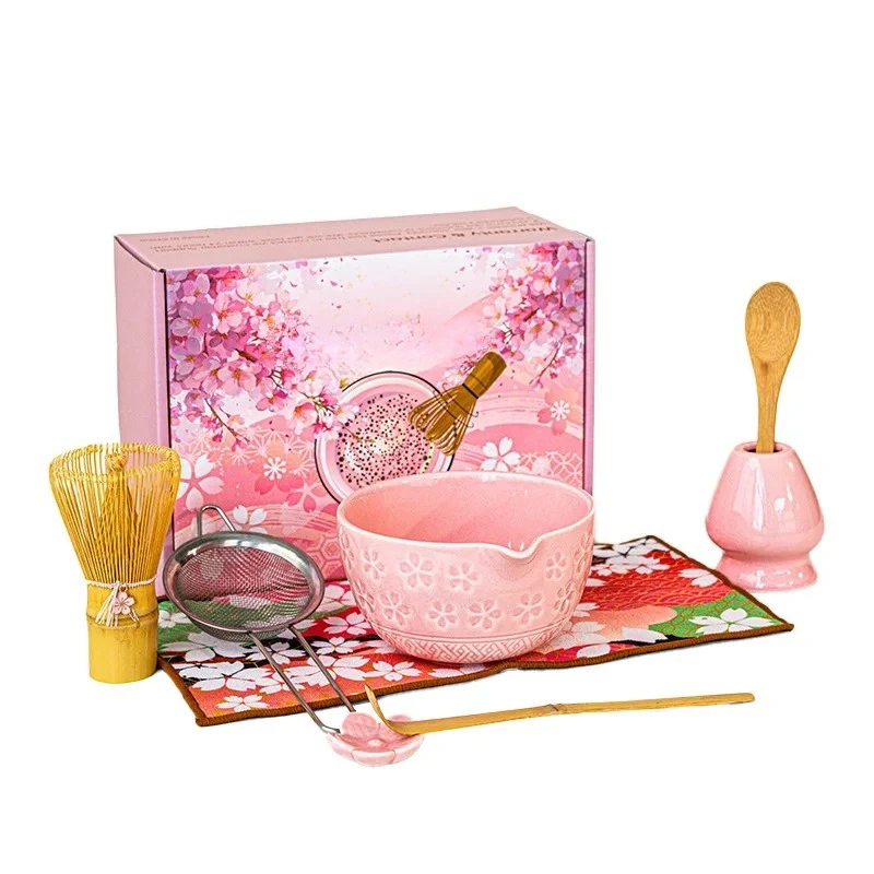 말차 다도 세트 벚꽃 대나무 말차 거품기 세트 도자기 다완 전통 일본 다도 도구 홈 선물