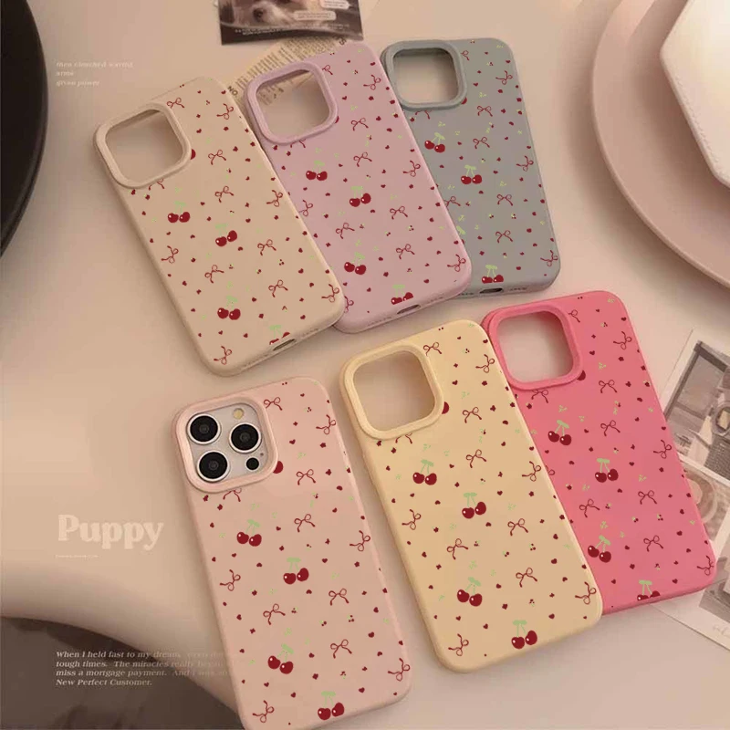 Cherry Silicone Shockproof Soft Leather Phone Case with Cute Heart and Bow Design