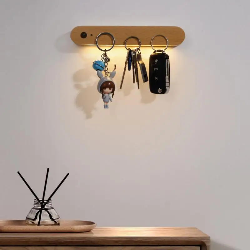 나무 LED 센서 야간 조명, 무선 마그네틱 키홀더 걸이식 램프, USB 충전식 야간 램프, 캐비닛 문짝 벽 램프