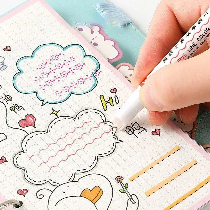 3/6pcs Kawaii Marker Pens Cute Roller Tip Curve Liner Line Shaped Highlighter Korean Stationery Graffiti Pens Office Supplies