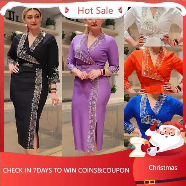 Chic Women Formal Evening Dress V Neck Diamonds Long Sleeve Bodycon Robes With Waist Belt Business Office Work Outfits 2024 Fall Excellent product recommendation