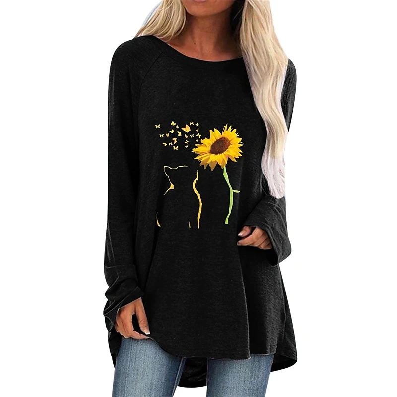 

Long Sleeve T shirt For Women Casual Tees Autumn Clothes Cartoon Sunflower Streetwear Sweatshirt Print Round Neck Ropa de Mujer