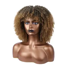 

Short Afro Wig Kinky Curly Wigs With Bangs Blonde Mixed Brown Synthetic Cosplay African Hair Heat Resistant Finger for Women