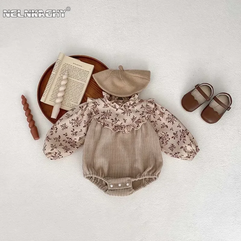 

2024 Spring New in Infant Baby Girls Cute Clothes Kids Full Sleeve Patchworkj Floral Ruched Jumpsuits Toddler Newborn Bodysuits