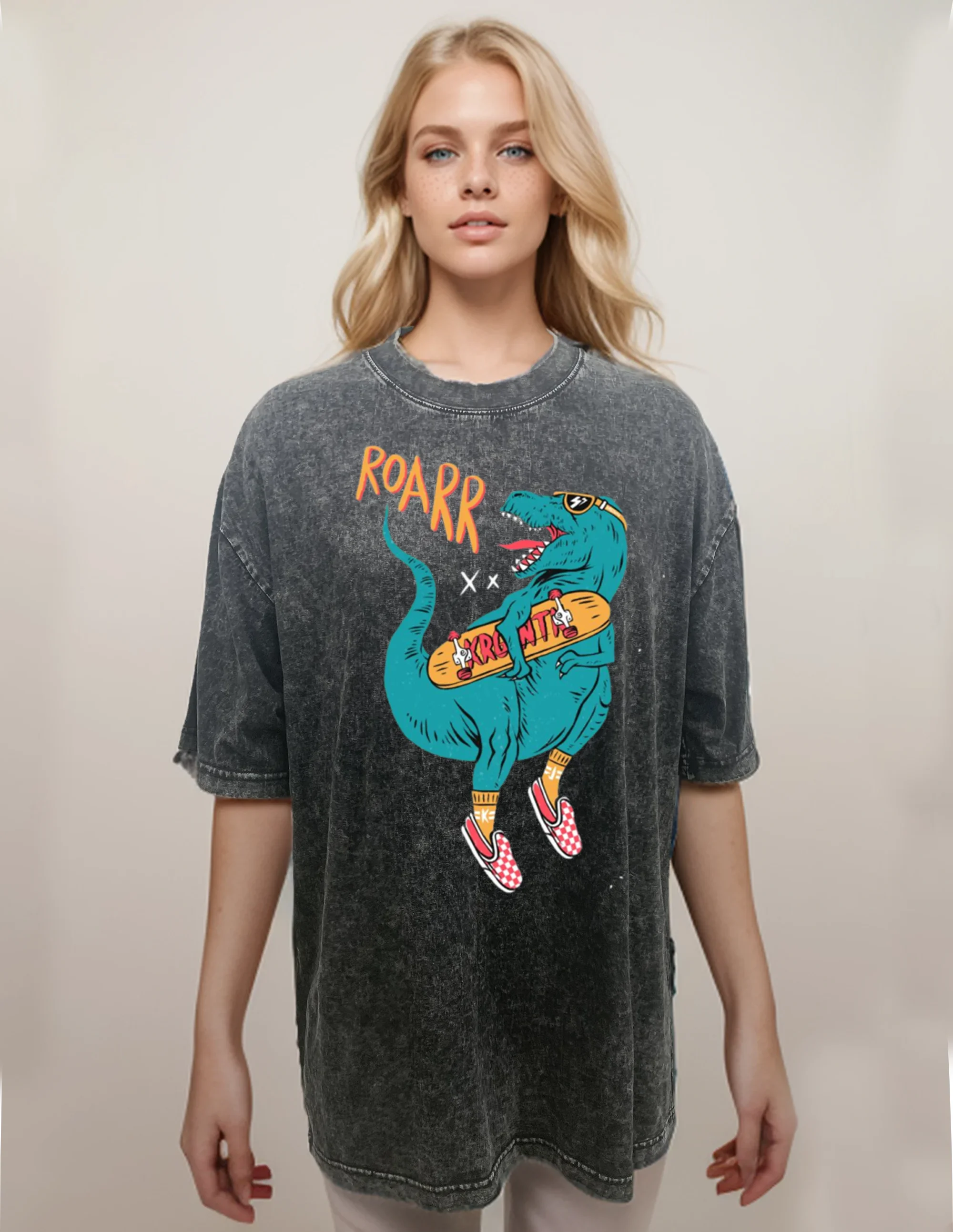 

Dinosaur Print 2023 Summer New Washed Cotton Denim Short Sleeve T-shirt Men's Half Sleeve Loose T-shirt Short Sleeve, Hip Hop St