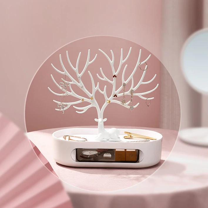 Présentoir à Bijoux Arbre Avec Cerf Sika - Porte-bijoux Taille L Blanc Pour Colliers Bagues