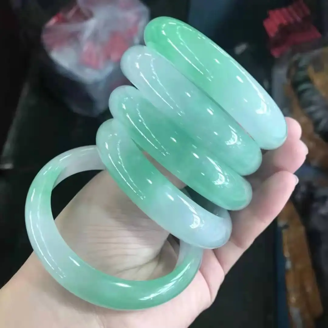 New Natural Original Ecological Pattern Floating Green Handcarved Jade Jewelry Jadeite 1pcs Bangles