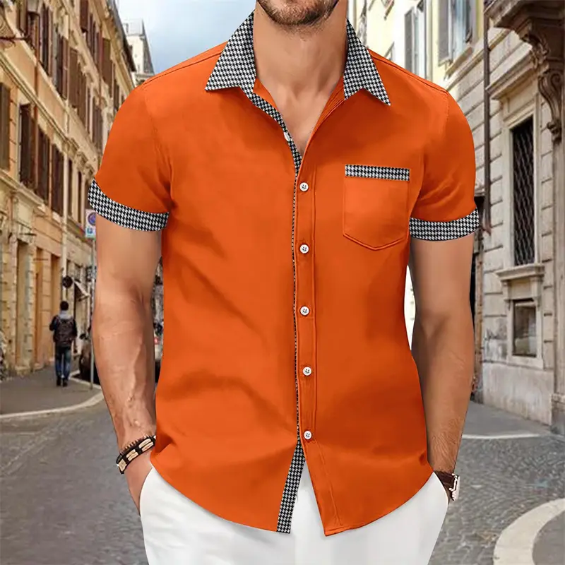 Patchwork Printed Shirt for Men, Solid Color, Comfortable and Soft Short Sleeve Top, Large Size, Summer New - Image 7