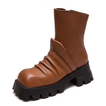 6.5cm Natural Cow Genuine Leather Platform Wedge Motorcycle Boots Women Flats ZIP Ankle Booties Punk Knee High Booties