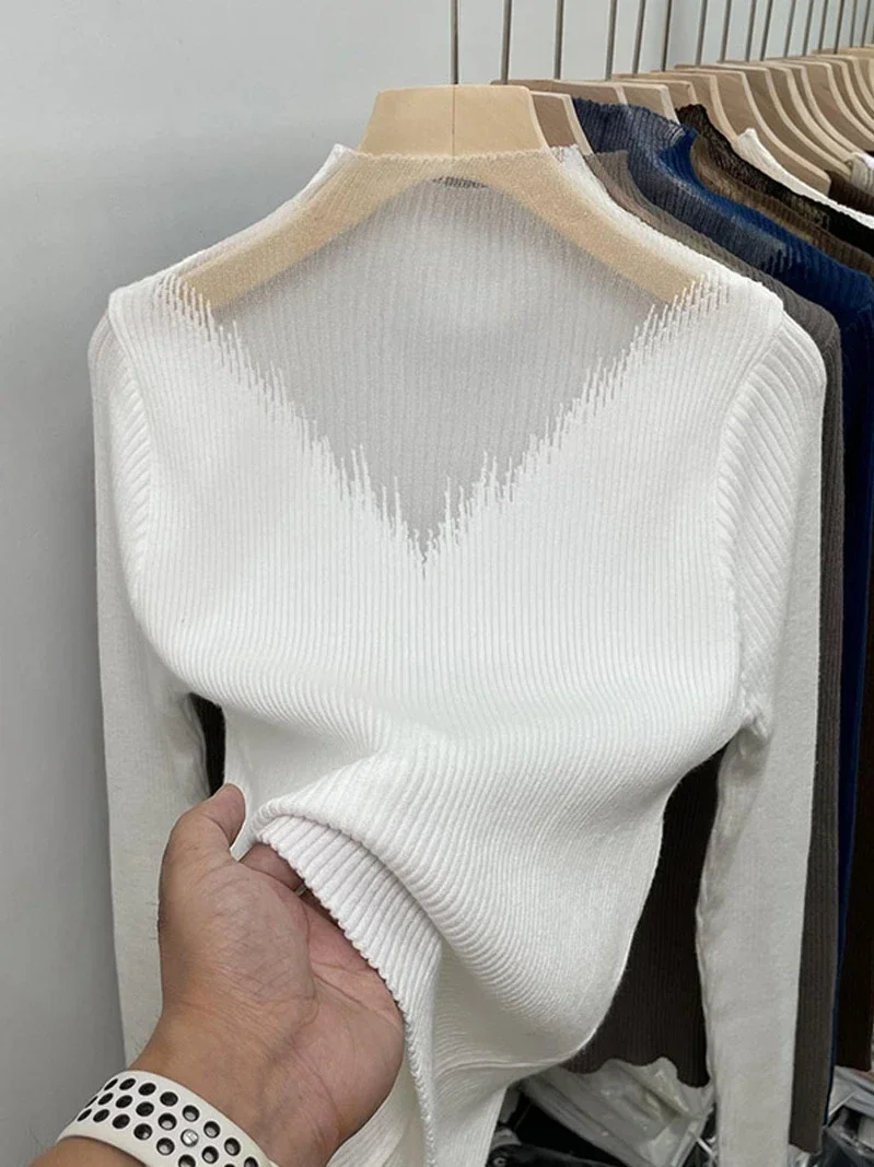 

Autumn and Winter Fashion Mesh Stitching Pullover Fashion Tops 2024 Women Thickened Turtleneck Sweater Knitted Bottoming Z228