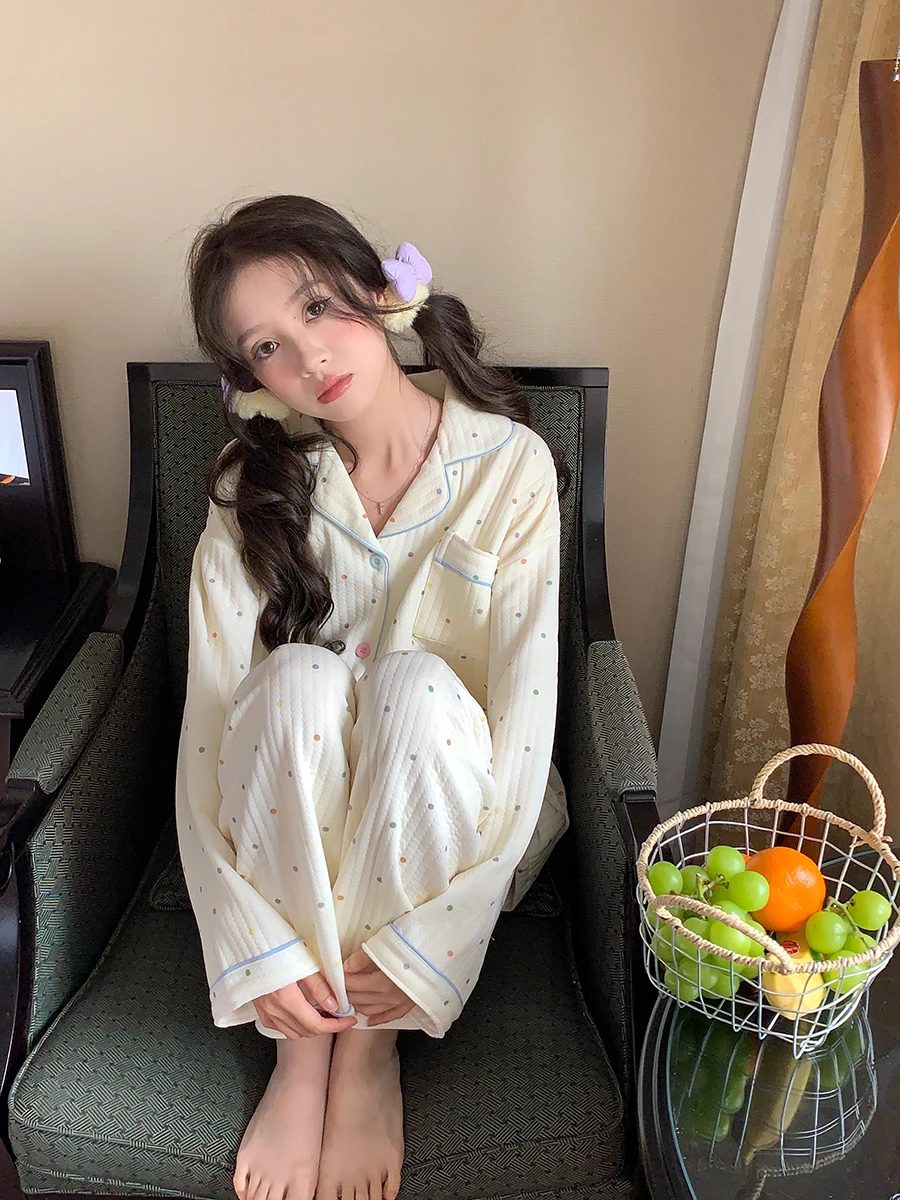 Autumn winter polka dot thickened quilted pajamas set women with bubble cotton that can be worn outside as home clothes chic