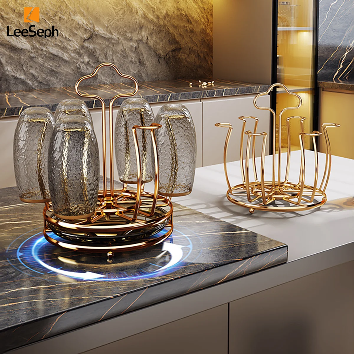 Rotating Cup Drying Rack Stand with 6 Hooks, Bottle Drainer Holder Glass Cup Spin Organizer for Kitchen Office Restaurant 3