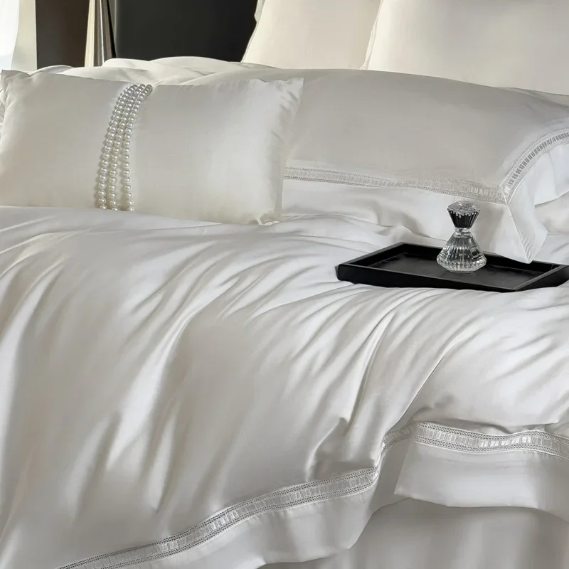 4Pcs Bedding Set Lyocell Bamboo Fiber Soft Silky Cool Hollow Edge Duvet Cover Fitted Sheet Pillowcases - Comforter Included