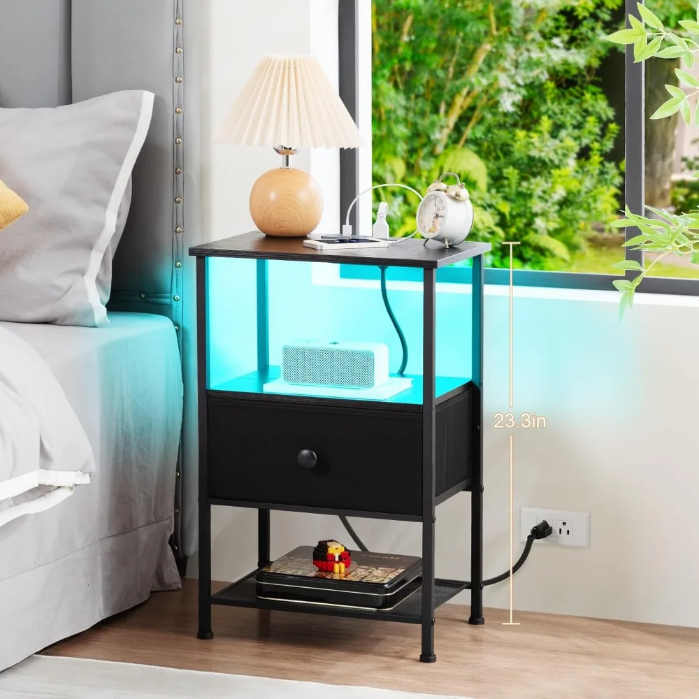 Night Stand Set 2, LED Nightstand w/Charging Station, End Tables Living Room w/Fabric Drawer, Small Side Tables for Bedroom 3
