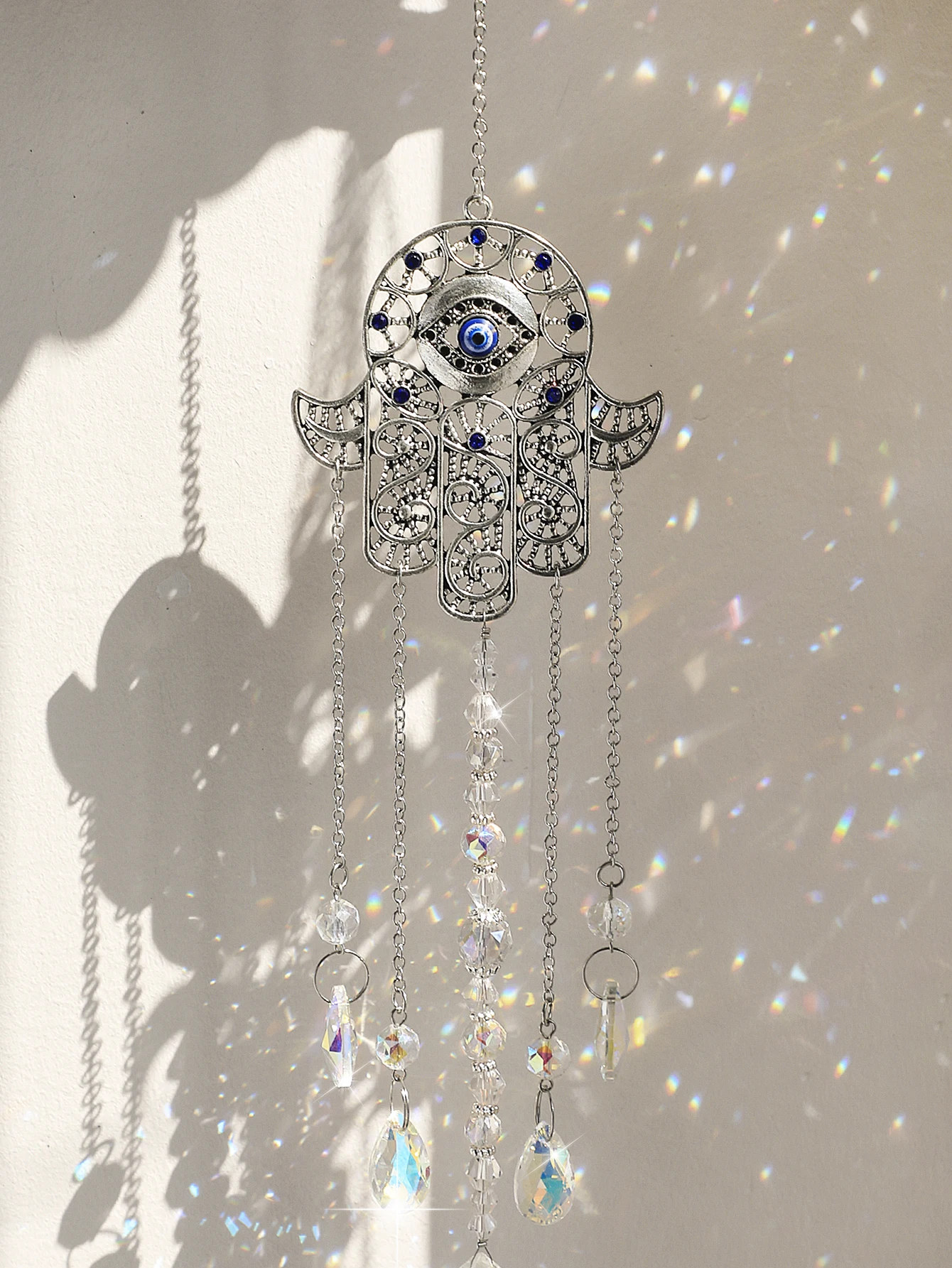 Hanging Evil Eye Crystals Sun Catcher Hamsa Hand Rainbow Maker Chakra Stained Glass Light Catcher Prism Home Garden Decoration