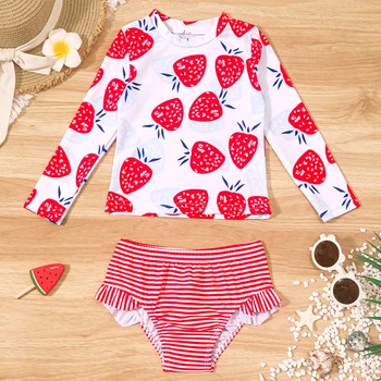 Costume da bagno a due pezzi per neonata Costume da bagno con stampa di fragole Abbigliamento da nuoto per bambini Costume da bagno estivo da spiaggia a maniche lunghe 1