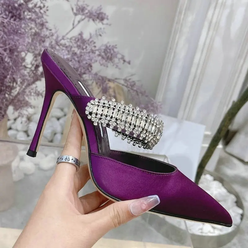2cm/6cm/8cm/10cm Pointy Fine Heels Rhine-diamond Chain Satin High