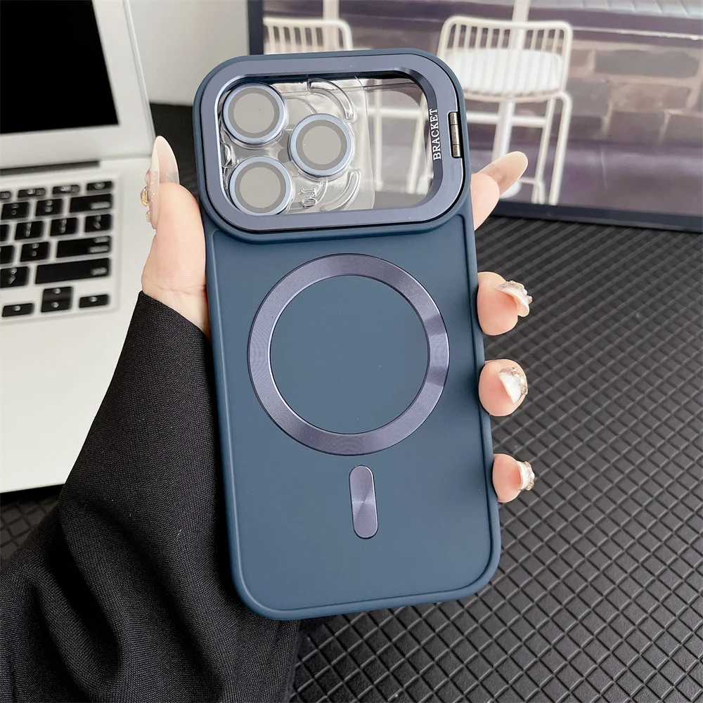 Luxury Frosted Magnetic Phone Case with Lens Film and Stand Feature