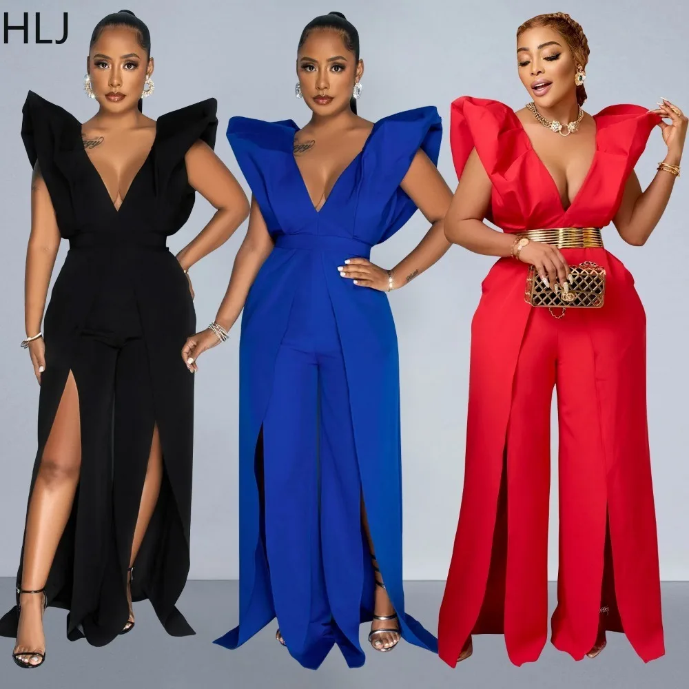 HLJ Fashion Ruffles Deep V Backless Wide Leg Pants Jumpsuits Women Sleeveless Ruched Slit Playsuits Casual Solid Clothes Overall