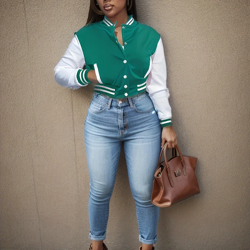 Spring and Autumn European and N Women's Color Matching Jacket Single-breasted Lettered Baseball Jacket Jacket 4