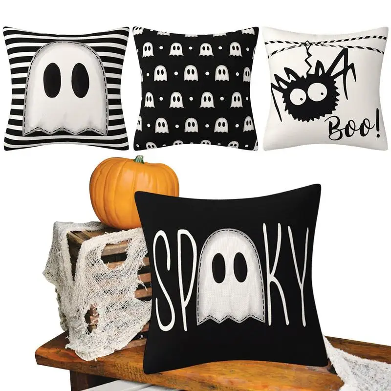 

Halloween Pillow Case 4 Pcs Throw Pillow Covers 18x18in Pumpkin Boo Bat Ghost Pillow Cover Trick Or Treat Square Spooky