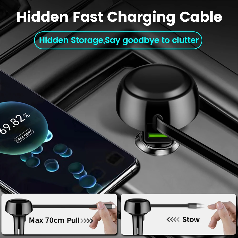 Car Charger Car Phone Charger 66W Car Charger Fast Charging USB Car Charger With Retractable Type C Cable Multi-Function for Xiaomi Samsung Huawei
