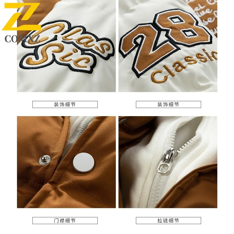 COMXZ 2025 New Teen Men Fake Two-Piece Cotton Jacket Hooded Thickened Trendy Stitch Winter sport Outerwear School Daily Outings​