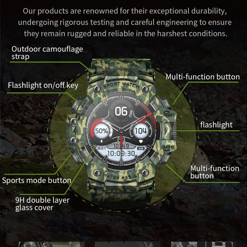 2025 Rugged Sport Smart Watch  Bluetooth Calls Colorful Waterproof Military Smartwatches with Flashlight SOS COMPASS for Phone 4
