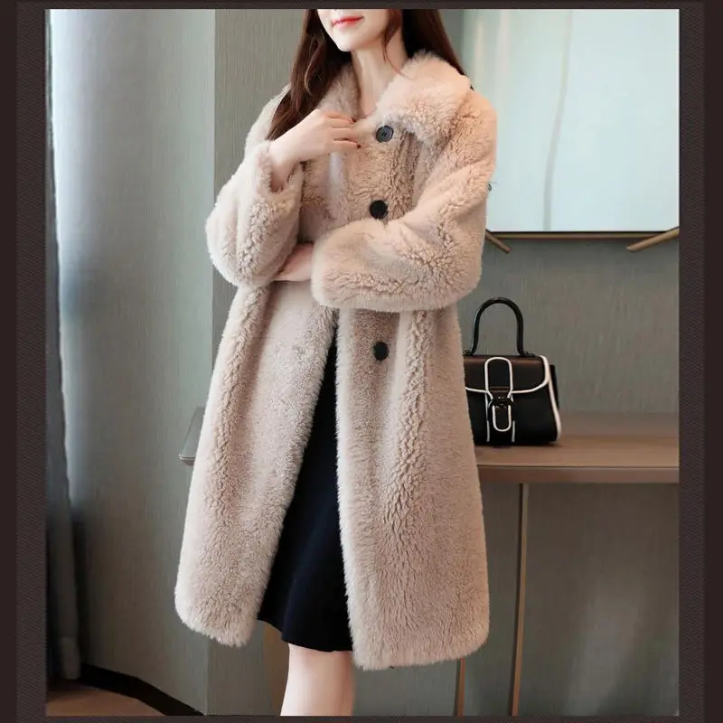 2023 Winter New Women Faux Fur Coat Simple Thicken Warm Lapel Lamb Wool Outwear Mid Length Version Loose Fashion Casual Parkas