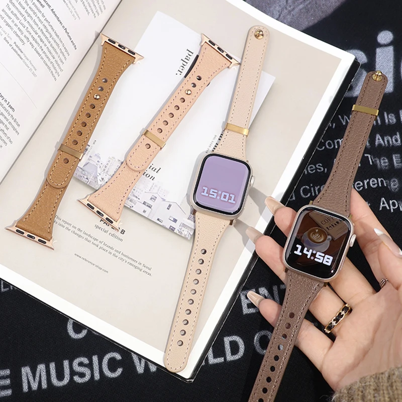 Genuine Sheepskin Strap for Apple Watch Band 41mm 45mm 40mm 44mm 42mm Slim Leather Women Bracelet iWatch Series 8 7 6 5 se Ultra