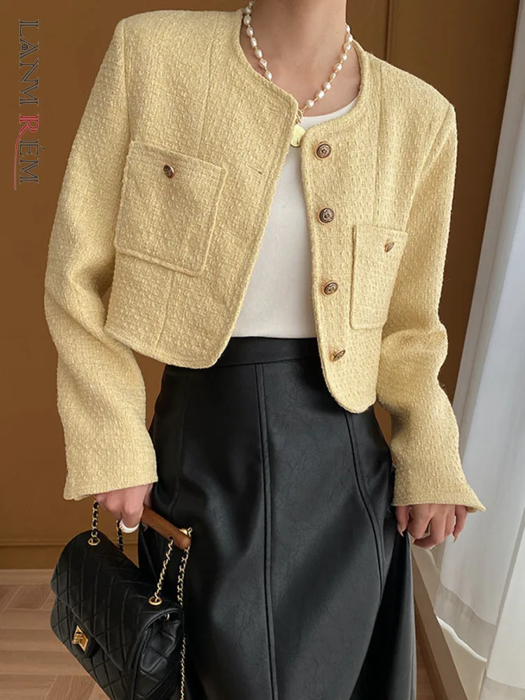 

[LANMREM] Office Lady Tweed Coats For Women 2024 Spring New Round Neck Single Breasted Short Jackets Fashion Tops 26D8246