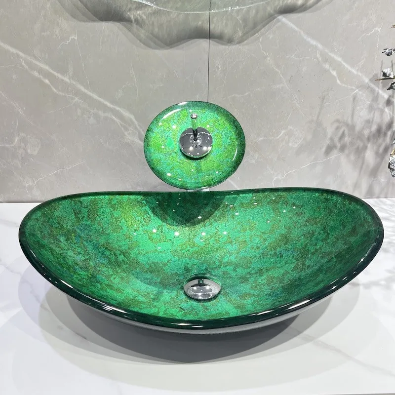 Retro Green Tempered Glass Countertop Washbasin