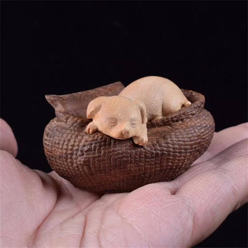 

7X4 CM Zodiac Dog Hand Carved Boxwood Figurine Carving Lovely Slepping Dog Animal Sculpture - #W119