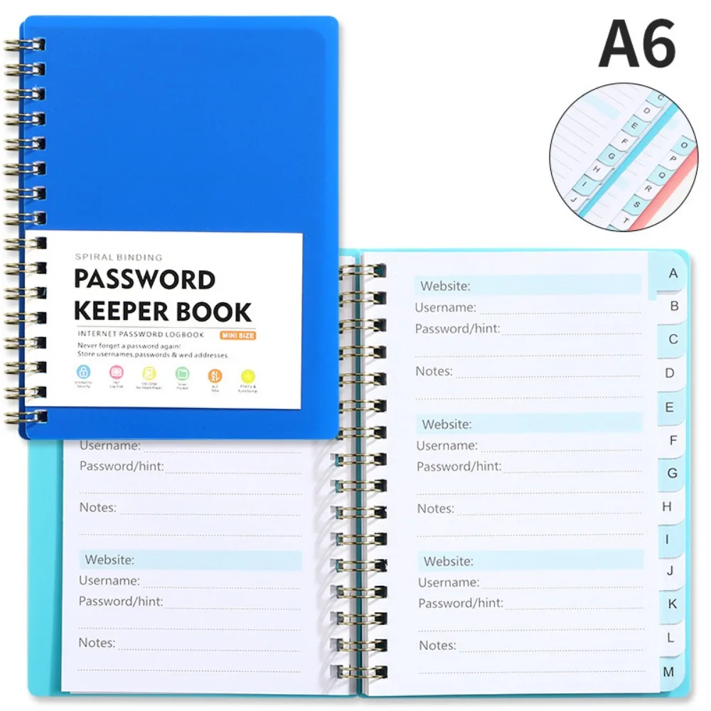 Alphabetical Tabs Spiral Password Keeper Notebook, A6 Mini Size, Secure Website Logins Organizer