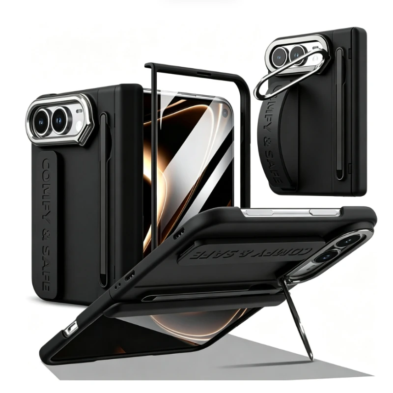 Premium Matte Finish Phone Case Kit with Wrist Strap, Stylus Pen, Screen Protector, Lens Frame, and Kickstand Hinge Guard